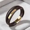 En Stock Estilo Transfronterizo Europeo y Americano Acero Inoxidable Pulsera de Cuero para Hombre Cuerda de Cuero Multicapa Hebilla Magnética Pulsera para Hombre En Stock