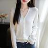 Cardigan de Tricô com Gola V de Lã e Seda, Manga Longa, Torcido, Cor Sólida, Solto, Versátil, Novo para Primavera e Verão 2025