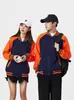 Casaco Moletom Baseball Manga Raglan Zíper Fleece Polare Espesso Cor Dividida para Homens e Mulheres Quente e Confortável Impressível