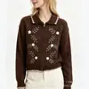 Cárdigan de punto con bordado floral artístico para mujer, nuevo estilo otoño/invierno, con cuello de solapa, ribete de encaje y cierre de cremallera, una chaqueta suéter de estilo retro
