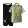 Vestido de Mãe Primavera e Verão Manga Curta Conjunto 2023 Meia-idade e Idosos Tamanho Plus Algodão e Linho Camiseta Top Casual Moda