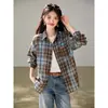 Camisa Retro Americana de Manga Larga Diseño de Primavera y Otoño Sentido de Diseño Nicho Holgada Versátil Perezosa Chaqueta Camisa a Cuadros