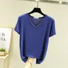 Camiseta feminina de manga curta com decote em V, cor sólida branca de verão, nova camiseta básica feminina de modal estilo coreano