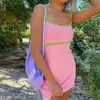 Vestido de tirantes retro Y2K para mujer con bloques de color, ribete azul y amarillo, corte ajustado, adecuado para la costa y la playa, vestido corto de vacaciones de moda
