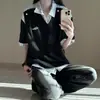 Camisa Polo Americana Falsa Duas Peças Manga Curta Masculina Verão Design Nicho Patchwork Listrado Camiseta Sensação de Alto Padrão Casal Manga Curta