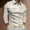 Camisa Polo Casual de Manga Larga con Cuello de Solapa Rayada Estampado 3D con Cremallera para Hombre, Comercio Exterior Transfronterizo, Primavera y Otoño
