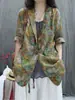 Ropa de Mujer de Algodón y Lino 2026 Verano Nuevo Estilo Ramio Estampado Retro Holgado Elegante Casual Versátil Blazer de Manga Larga
