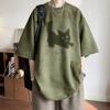 Camiseta de Manga Corta para Hombre de Gamuza con Flor Quemada Verano Holgada Pesada Media Manga Estilo Americano Marca de Moda Ropa Casual