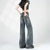 Nuevo LOOK de verano estilo chica hot de deseo puro estilo americano diseño de flecos adelgazante de cintura alta jeans acampanados retro azules para mujer