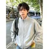 Moletom Cardigan Patchwork Branco e Cinza com Gola Alta Masculino Jaqueta Esportiva Americana Pesada Cleanfit Jaqueta Casual Tendência
