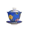 Conjunto de Tigelas Esmaltadas de Três Peças Estilo Palácio com Tampa, Conjunto de Chá Kung Fu Cerâmico Vintage, Xícara de Tigela de Chá Esculpida em Filigrana, Jingdezhen