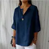 Camisa casual azul marino con cuello de solapa y mangas de tres cuartos, adecuada para el uso diario, nueva camisa para mujer 2026