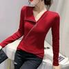 Camiseta de Manga Larga Irregular de Hilo de Modal para Mujer Otoño Estilo Occidental Adelgazante Cremallera Top Ajustado Camisa Básica Versátil