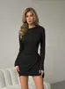 Vestido Liso de Cuello en V Adelgazante con Temperamento para Mujer Europeo y Americano
