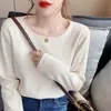 Suéter de malha, nova blusa base de venda quente primavera/outono 2025 para mulheres, peça para usar por baixo no início do outono, top de manga comprida, suéter fino de gola redonda