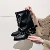 Botas curtas western cowboy plissadas de design único 2026 primavera botas femininas de salto bloco com salto grosso e bico redondo