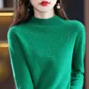 Suéter feminino de lã transfronteiriço com gola alta meia, caimento justo, base de malha de cashmere sem costura, top solto outono e inverno com vazados