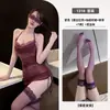 Lencería sexy en múltiples colores, malla de encaje hueca transparente con un cuello de bolsillo, uniforme de falda corta de dos piezas ajustado, disponible para dropshipping