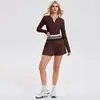 Conjunto Esportivo Camisa Caijue Henry para Mulheres, Manga Longa, Slim Fit, Roupa de Yoga, Saia Esportiva Plissada, Conjunto de Roupa para Tênis para Mulheres