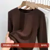 Camiseta Básica de Lã e Seda com Gola Redonda Derong para Mulheres, Novo Estilo Outono 2026, Forrada com Fleece e Espessada para Calor, Top Camiseta