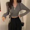 Camiseta Sexy com Decote em V Profundo para Mulheres, Design Curto, Alças na Cintura, Efeito Emagrecedor, Camisa Versátil para Usar por Baixo, Top Estilo Outono, Tendência