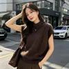 Chaleco de punto de lana con forro polar, estilo simple para otoño e invierno, cuello alto, manga corta, holgado para mujer, chaleco de punto sin mangas para superponer