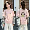 Camiseta de manga longa de algodão puro para meninas, um top moderno com estampa de desenho animado e visual em camadas, novo estilo primavera/outono, versão coreana, camiseta de baixo para crianças