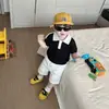 Atuendo Elegante para Niño 2026 Verano Nuevo de Moda Colorido Bloque de Color Cuello Polo Tejido Manga Corta Pantalones Cortos Casuales