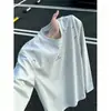 Camiseta de Manga Larga Gris con Bordado Desconstruido de Flor Blanca para Hombre Otoño Marca de Moda Hombro Normal Sudadera Cuello Redondo Holgado Capa Interior Capa Base