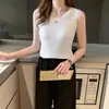 Camisola blanca para mujer, ropa interior de verano, camiseta básica sin mangas de punto de seda helada, top corto ajustado slim-fit para llevar por fuera