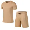 Moda Transfronteiriça Masculina Manga Curta Placa Leve Cor Única Malha Terno de 2 Peças Verão Casual Corrida Fitness Roupa Esportiva