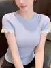 Blusa de Tricô de Alta Qualidade com Renda e Mangas Bufantes Estilo Francês para Mulheres, Elegante Azul Gola Redonda Slim-Fit Emagrecedora Camiseta Básica, Tendência