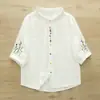 Coleção Verão 2026: Camisa Feminina de Gaze de Algodão Dupla Camada, Manga Meia, Estilo Artístico Bordada, Botão Colorido Bonito e Único