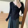 Camisa base de tricô falsa de duas peças com renda de lã fina básica, estilo coreano, ligeiramente solta, top elegante e versátil para mulheres