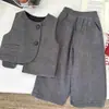 Conjunto de tres piezas engrosado con forro polar para otoño e invierno para niños, nuevo modelo de moda 2026, suéter de cuello alto, chaleco engrosado y pantalones