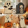 Decoración de Calabaza Fantasma Gato Negro de Madera para Halloween Habitación Escritorio Decoraciones Festivas Artesanías de Madera