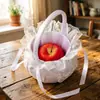 Cesta de flores redonda de estilo occidental para bodas transfronterizas, ribete de encaje blanco, decoración de lazo, cesta de flores para niños para lanzar flores