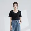 Camiseta de Color Sólido con Cuello en U y Mangas Cortas para Mujer, Verano, Corte Holgado, Adelgazante, Versátil, Ropa Interior Casual Básica, Camisa Base de Estilo Básico