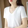Suéter Feminino Manga Curta Gola V Clássico Simples Cor Sólida Camisa Básica Elegante 2026 Primavera e Verão Novo Estilo Camiseta de Algodão Mercerizado