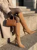 Botas Femininas de Salto Agulha Bico Fino Estilo Novo Europeu e Americano Outono/Inverno Veludo Elástico Emagrecedoras Altas até o Joelho Tamanho Grande Botas Femininas