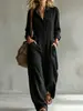 Macacão de Trabalho em Sarja de Algodão e Linho Estilo Europeu e Americano para Mulheres, com Gola Reversível, Bolsos com Botões e Calça de Perna Larga, Roupas Femininas para Comércio Exterior Transfronteiriço