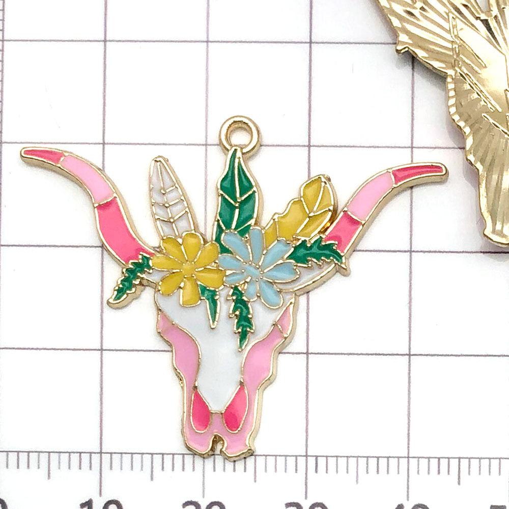 20304-XP-粉色滴油锌合金鲜花歪角牛头34x42mm-