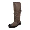 Botas de caballero de cuero de vaca de dos capas para mujer, botas largas de caña alta, nuevo estilo de otoño, cuero genuino, puntera redonda, color cepillado vintage, puntera redonda, tacón medio, tubo recto