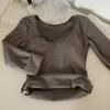 Top térmico de terciopelo con forro polar engrosado para uso interior con almohadilla en el pecho Ropa interior con cuello en V camiseta de manga larga ajustada camiseta base para mujer otoño e invierno