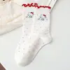 Calcetines con Volantes de Encaje de Gato Kt para Mujer, Otoño e Invierno, Lindos Dibujos Animados Rayados de Lunares, Etiqueta de Tela, Calcetines de Algodón de Media Pantorrilla para Chicas Jóvenes Estudiantes