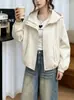 Chamarra corta con capucha de color liso para mujer, nuevo estilo coreano de primavera y otoño, holgada y estilizada, chamarra con cierre para mujeres petite, top casual