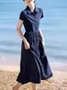 Vestido Casual Solto de Verão 2026, Novo Estilo, Gola Polo, Patchwork, Afina a Cintura, Estilo Preguiçoso, Manga Curta para Mulheres