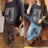 DestacadoYuran 26 Nueva Colección de Principios de Otoño: Camiseta de manga corta extragrande de lino y algodón lavada con enzimas de aire con estampado de banda de rock