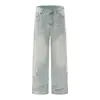 Pantalones de mezclilla heavily-washed para hombre, estilo retro punk deslavado desgastado de pierna ancha rectos holgados, estilo básico casual