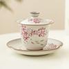 Tazón de Té con Tapa de Flor de Pera Congelada de Manteca de Cerdo, Tazón Cubierto de Tres Colores de Gama Alta Individual, Juego de Té para Mujeres No Caliente, Tazón de Té Kung Fu